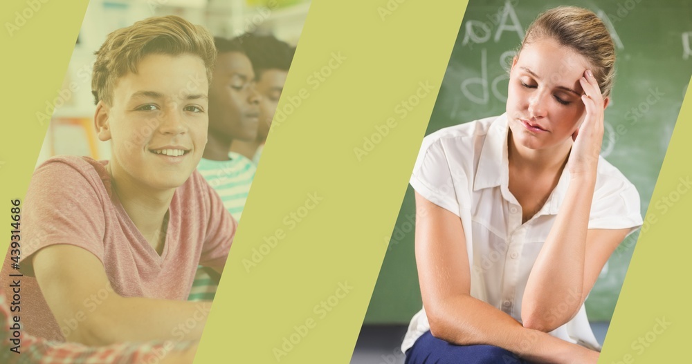 Composition of green bands over a stressed female teacher and a smiling schoolboy