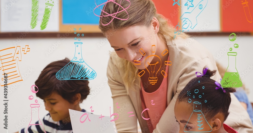 Composition of chemistry and maths doodles over smiling female teacher helping kids in class