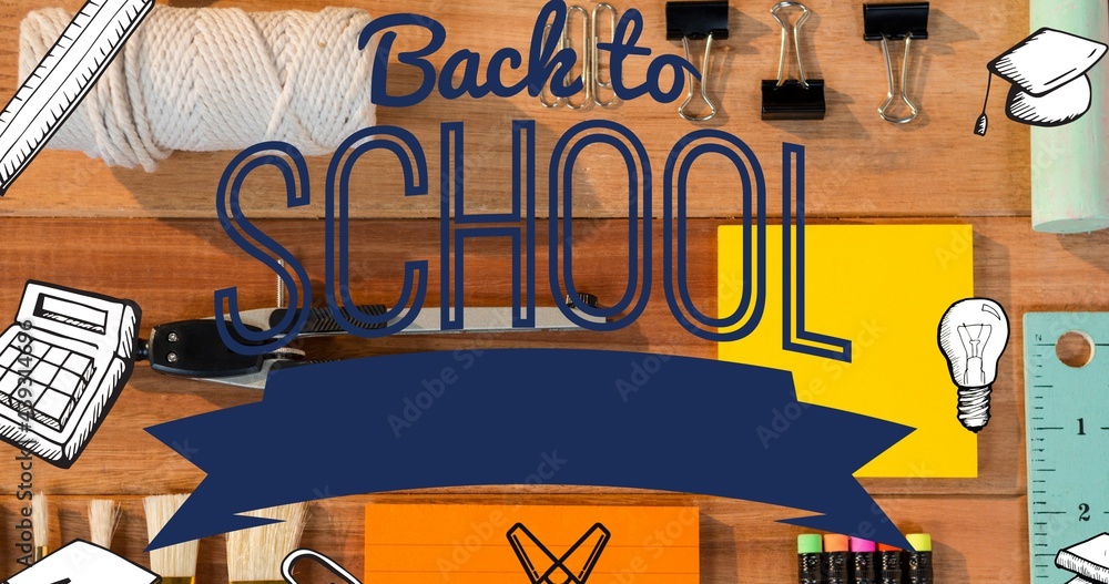 Composition of back to school text with school related items over objects on wooden school desk