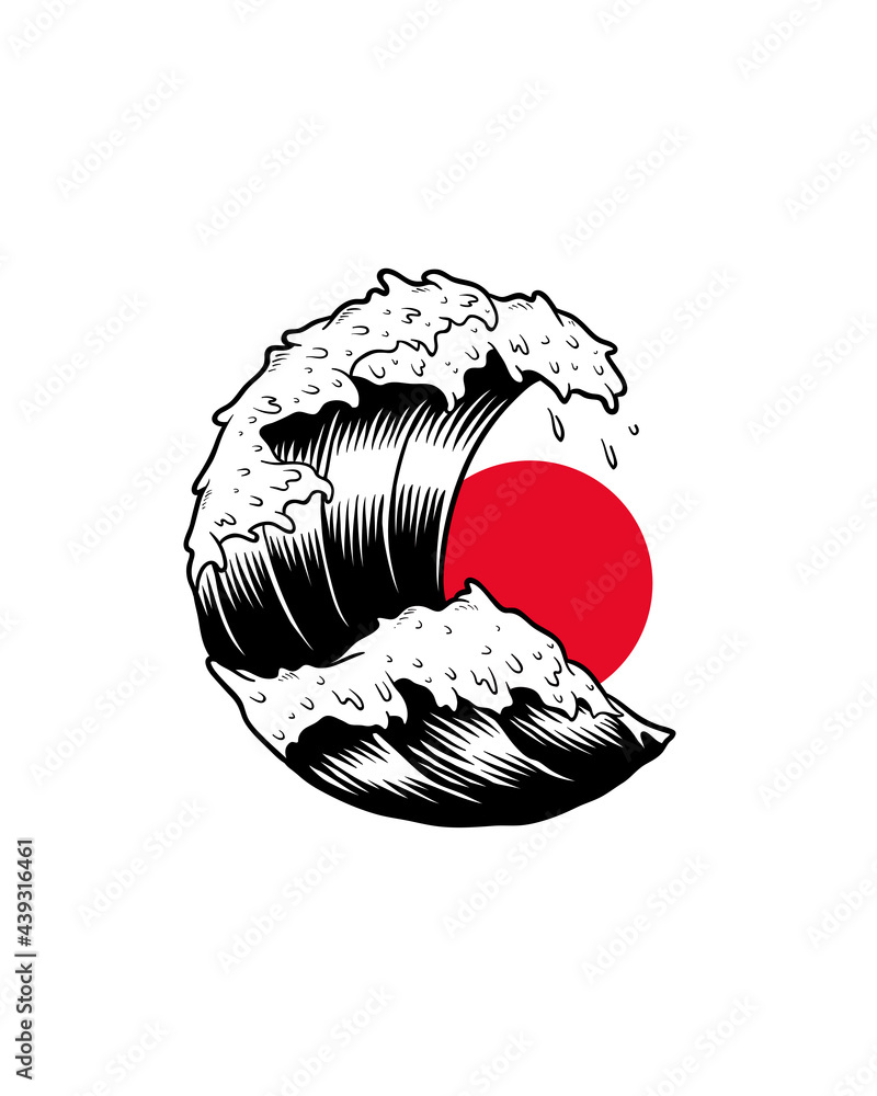 Japanese sun & wave wall art print and poster.