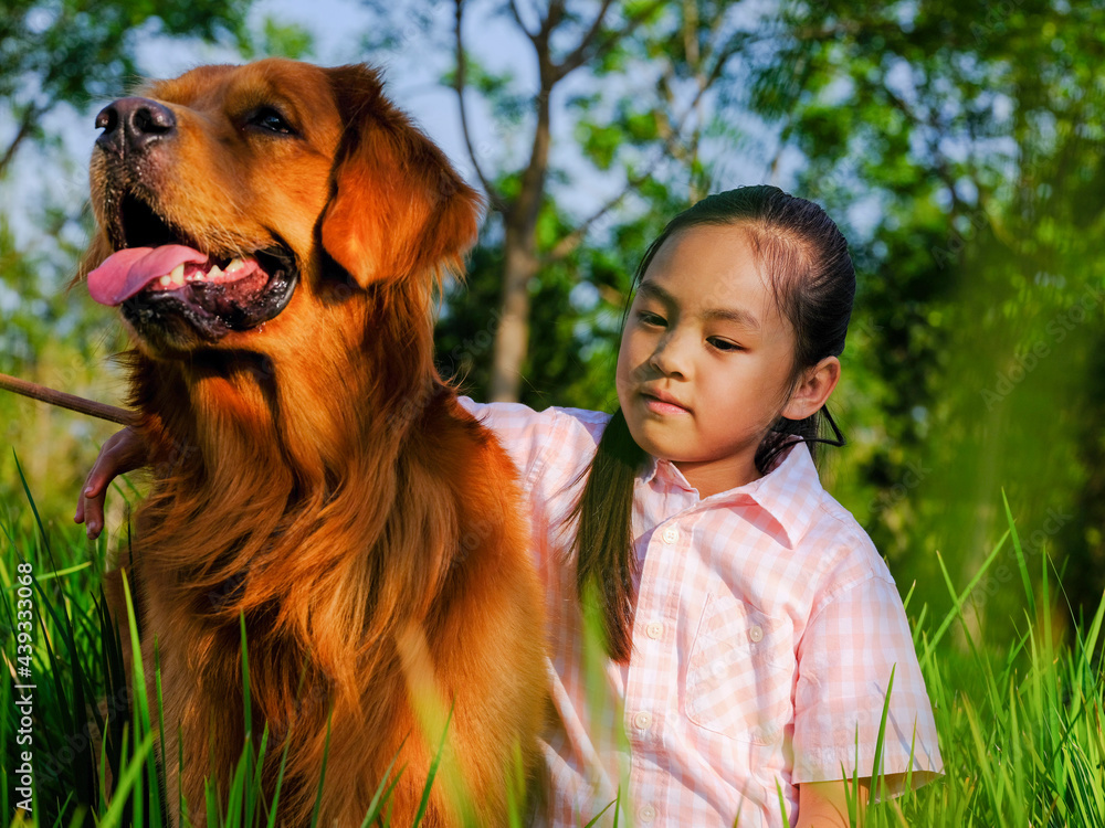 Happy girl and pet dog playing in the park