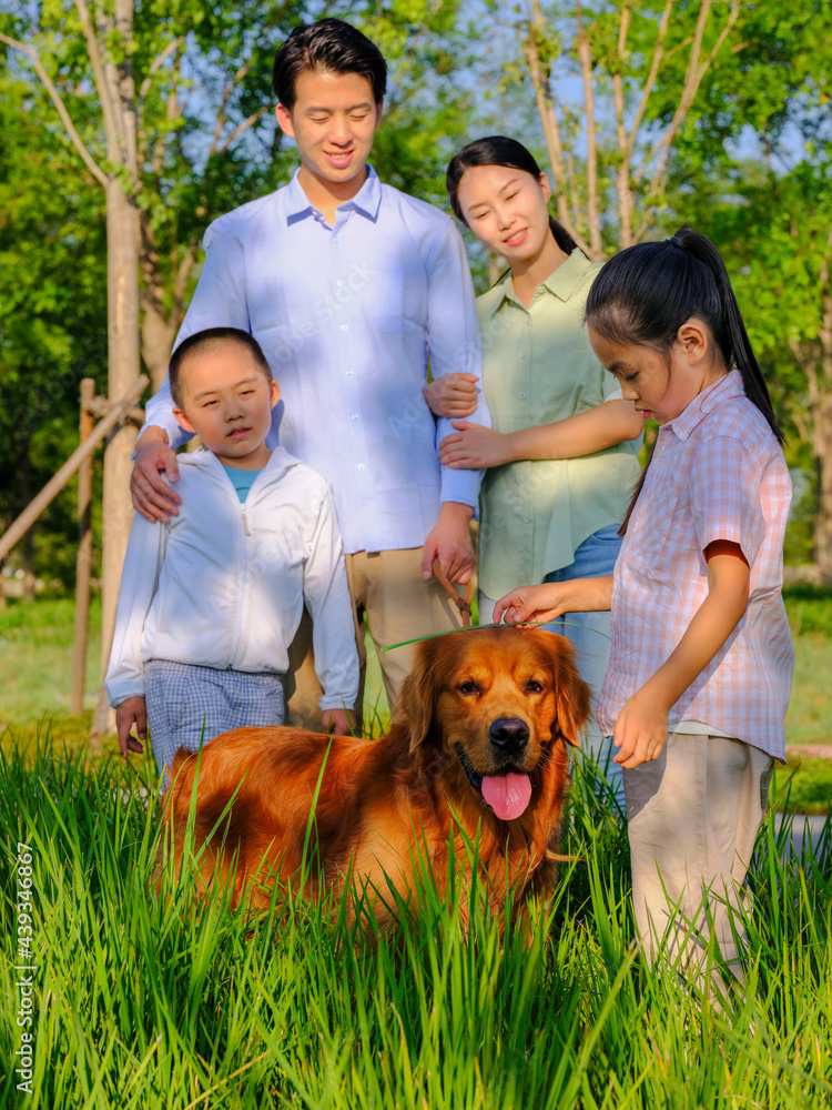 幸福的四口之家和在公园玩耍的宠物狗