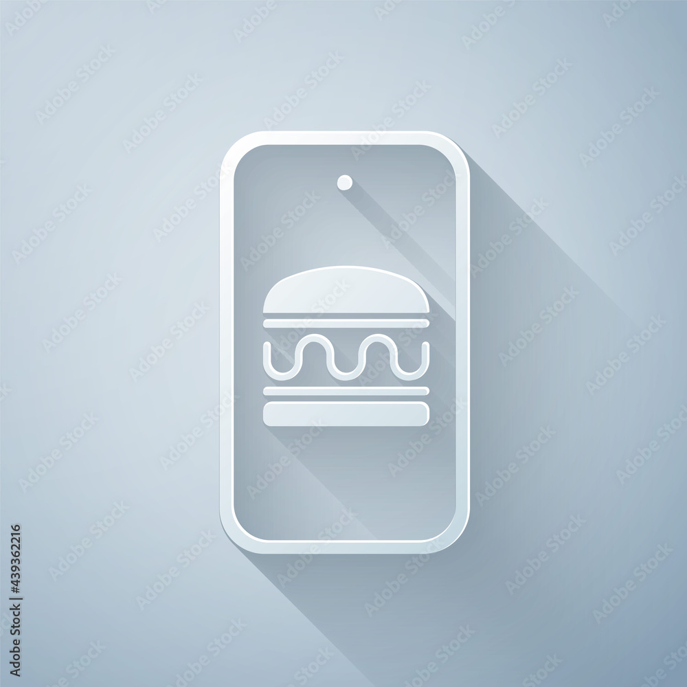 Paper cut Online ordering and fast food delivery icon isolated on grey background. Burger sign. Pape