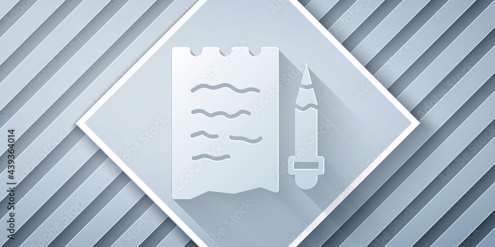 Paper cut Shopping list and pencil icon isolated on grey background. Paper art style. Vector