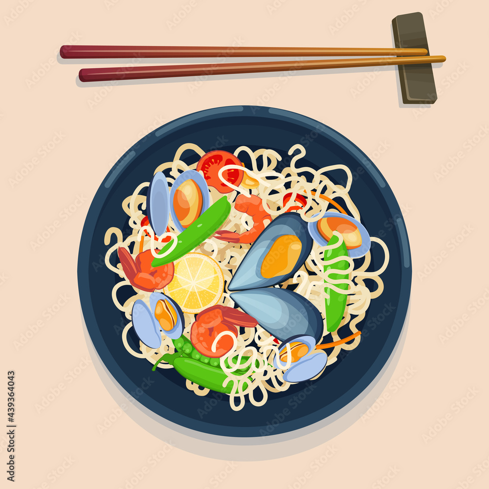 Top view of a plate of noodles with seafood - shrimps and mussels. Asian food. Vector illustration  