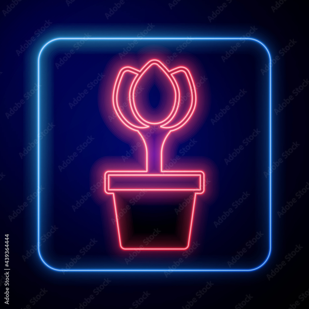 Glowing neon Flower tulip in pot icon isolated on black background. Plant growing in a pot. Potted p