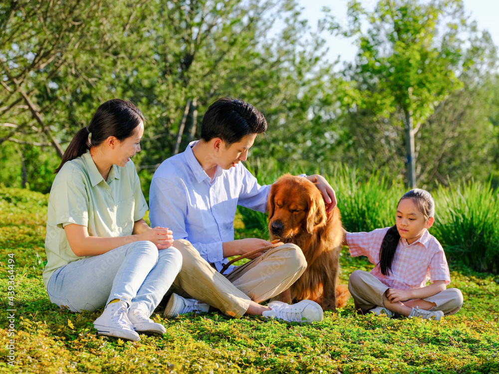 Happy family of three and pet dog playing in the park