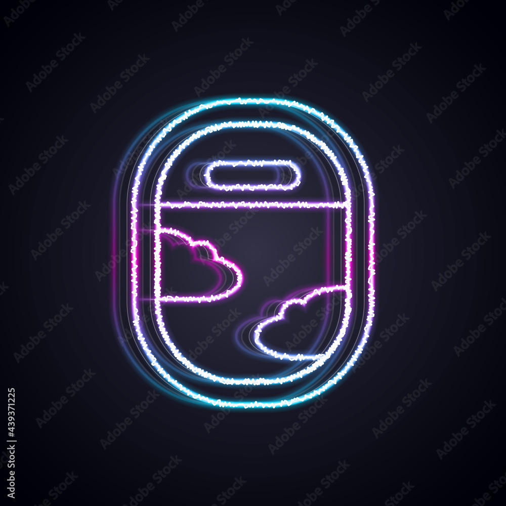 Glowing neon line Airplane window icon isolated on black background. Aircraft porthole. Vector