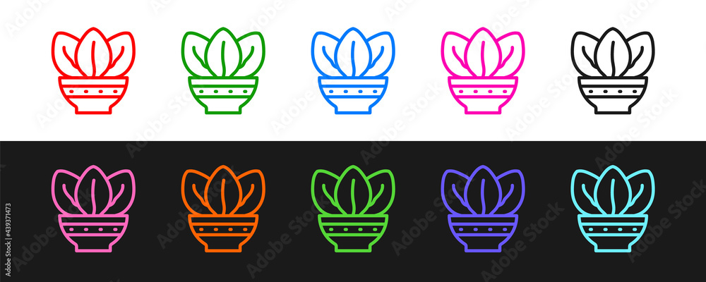 Set line Plant in pot icon isolated on black and white background. Plant growing in a pot. Potted pl