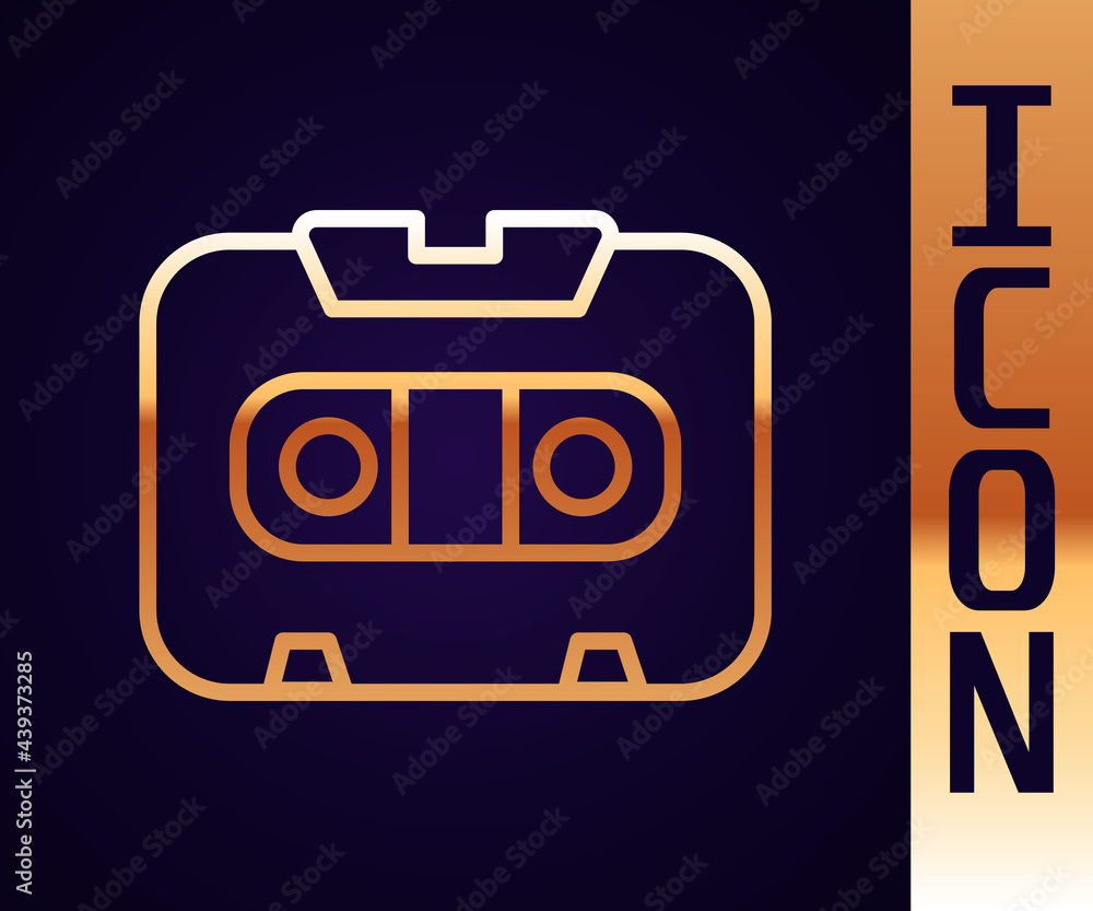 Gold line Retro audio cassette tape icon isolated on black background. Vector