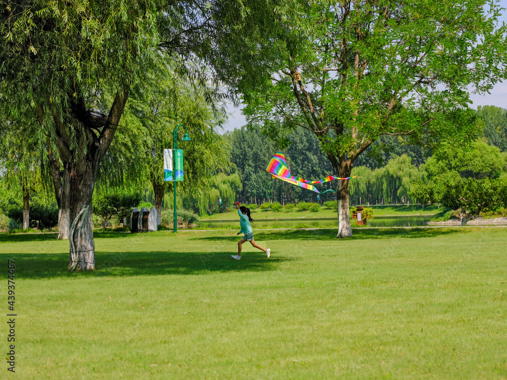 The happy little girl is flying a kite in the park