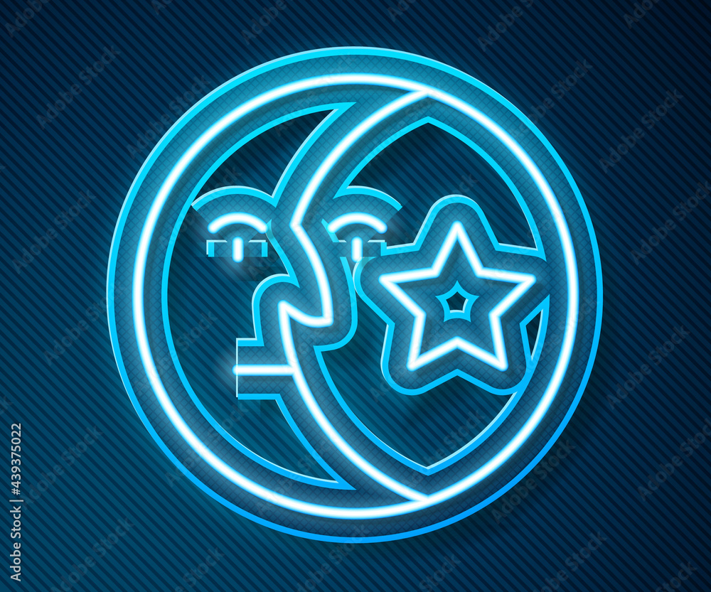 Glowing neon line Moon and stars icon isolated on blue background. Vector