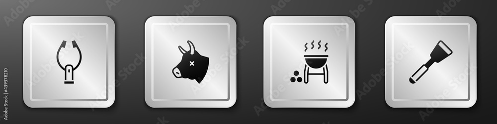 Set Meat tongs, Cow head, Barbecue grill and Spatula icon. Silver square button. Vector