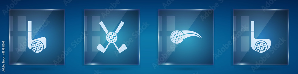 Set Golf club with ball, Crossed golf, and . Square glass panels. Vector