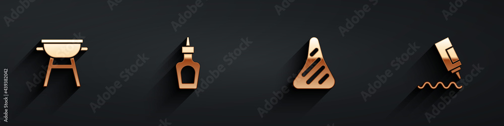 Set Barbecue grill, Sauce bottle, Steak meat and icon with long shadow. Vector