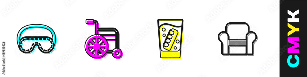 Set Eye sleep mask, Wheelchair, False jaw in glass and Armchair icon. Vector