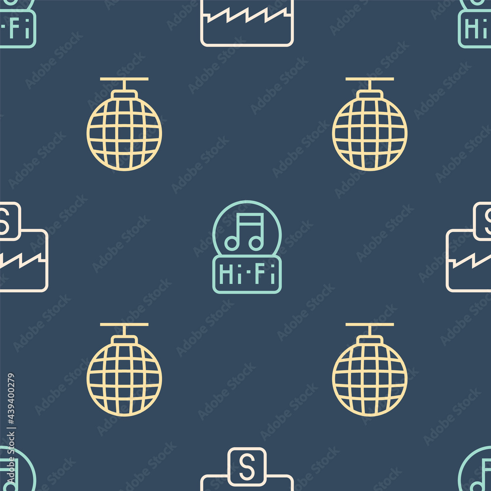 Set line Music wave equalizer, Disco ball and note, tone on seamless pattern. Vector