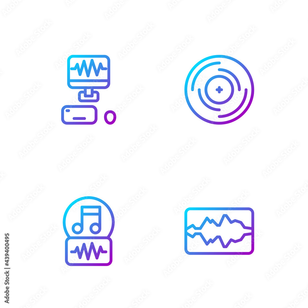 设置线路音乐波形均衡器、音符、音调、录音室和乙烯基唱片。渐变色图标。Ve