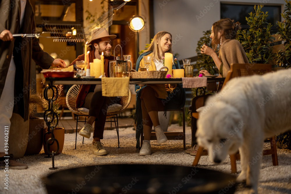 A group of young friends have a festive dinner, spending great summertime together at the backyard o