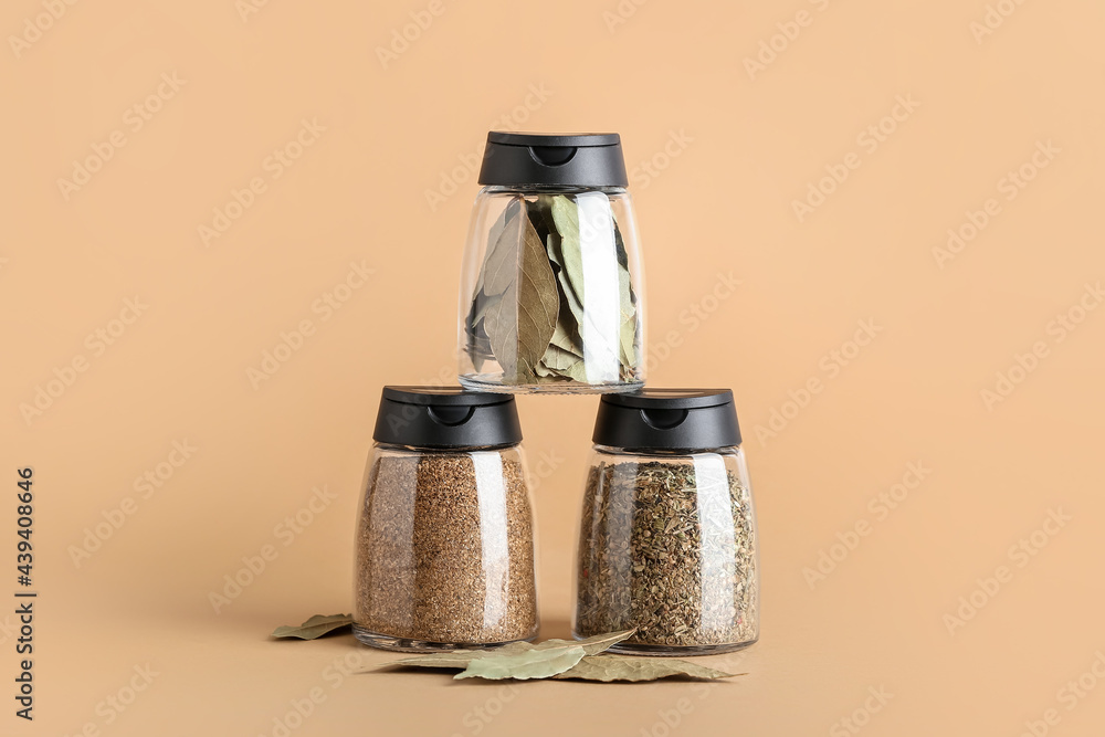 Jars with different spices on color background