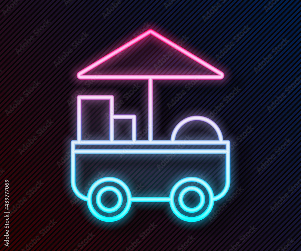 Glowing neon line Fast street food cart icon isolated on black background. Urban kiosk. Vector Illus