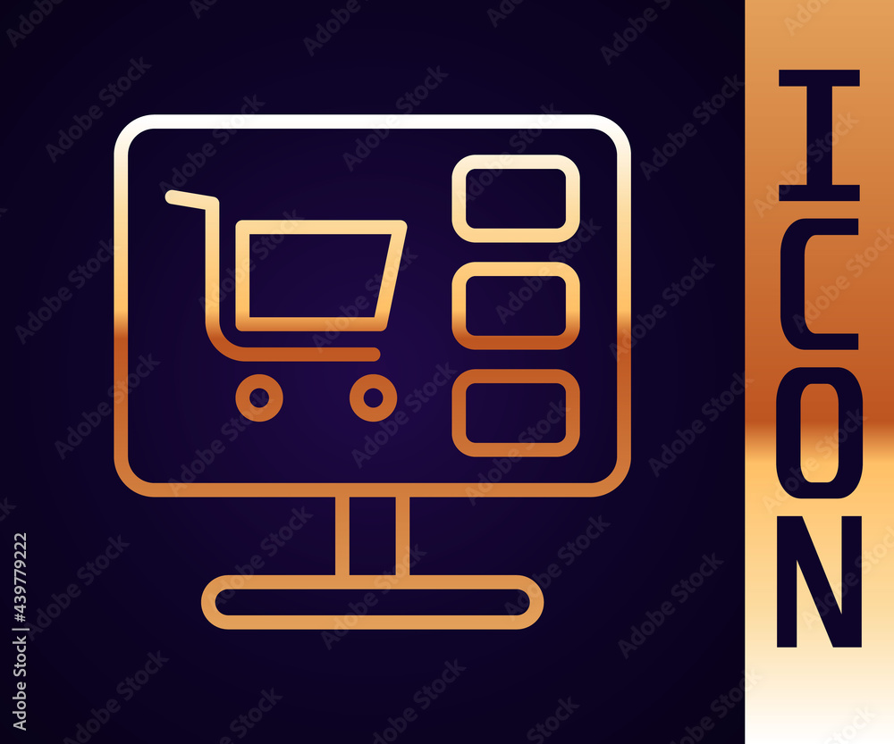 Gold line Shopping cart on screen computer icon isolated on black background. Concept e-commerce, e-