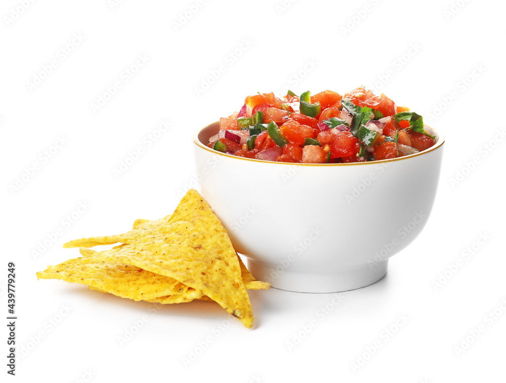 Bowl of tasty Pico de Gallo salsa and nachos on white background