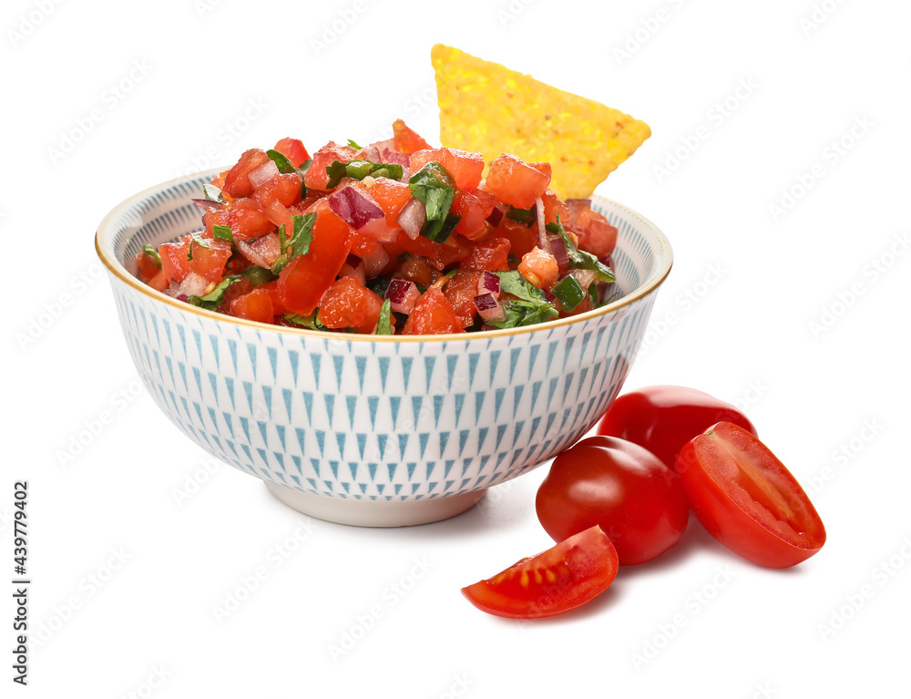 Bowl of tasty Pico de Gallo salsa on white background