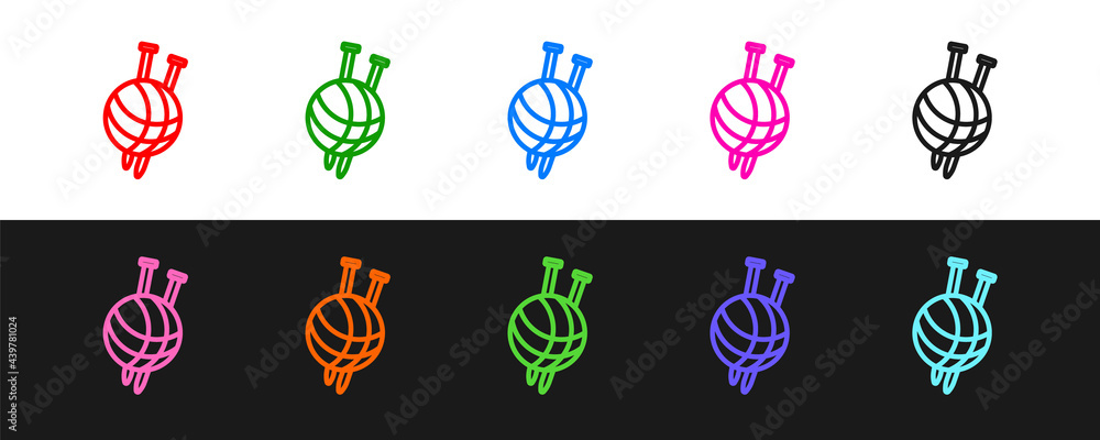 Set line Yarn ball with knitting needle icon isolated on black and white background.Label for hand（设