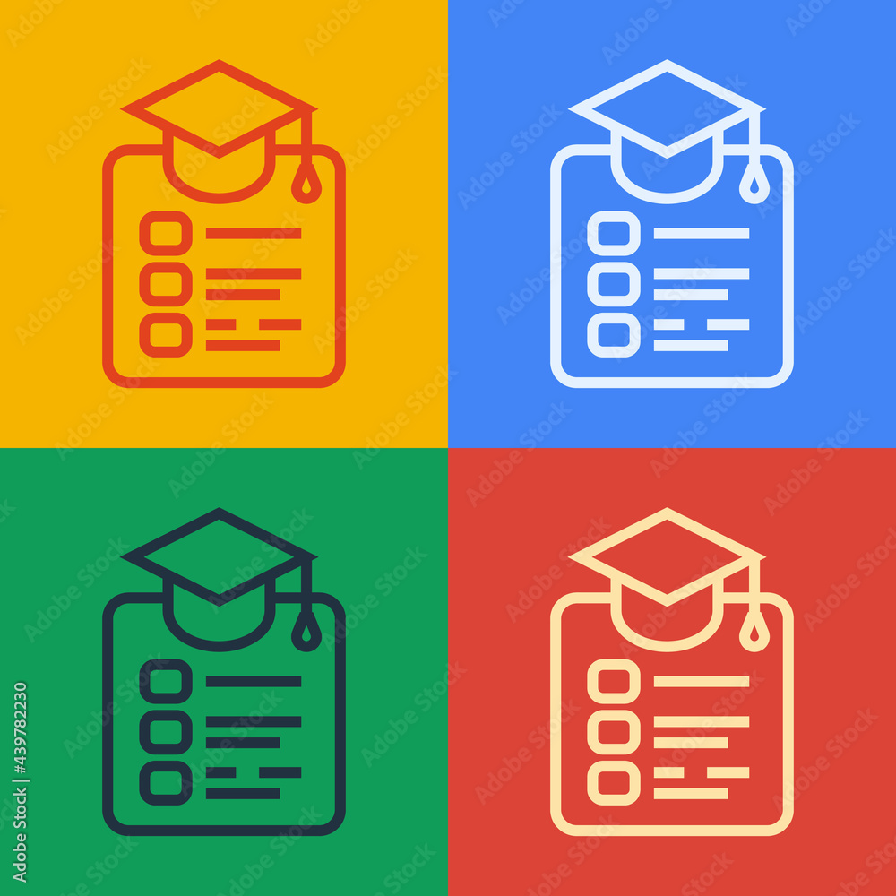 Pop art line Online education and graduation icon isolated on color background. Online teacher on mo