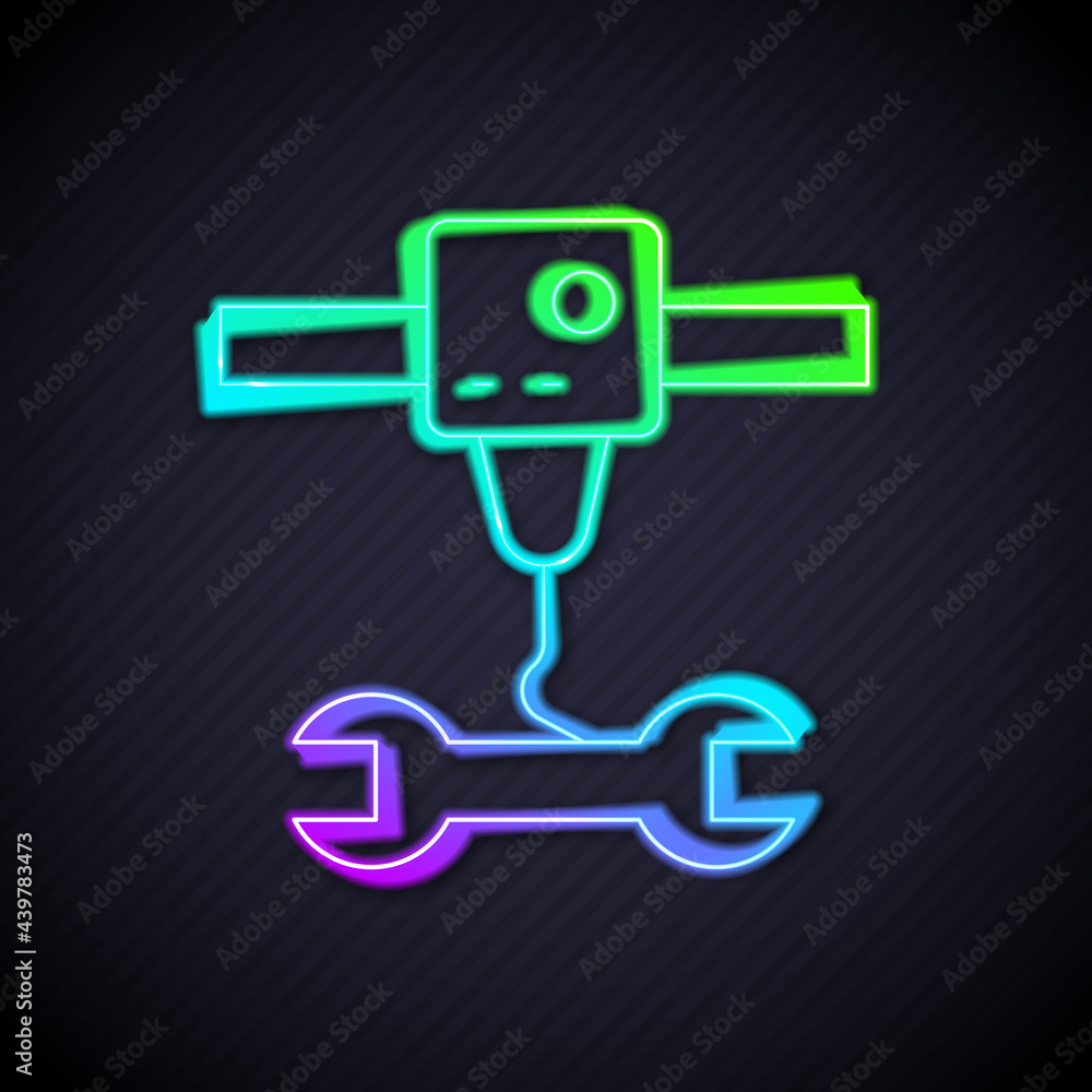 Glowing neon line 3D printer wrench spanner icon isolated on black background. 3d printing. Vector