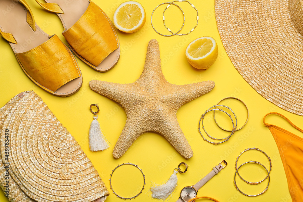 Set of female accessories and lemon on color background, closeup