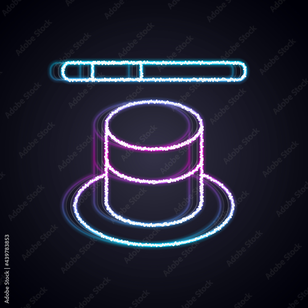 Glowing neon line Magic hat and wand icon isolated on black background. Magic trick. Mystery enterta