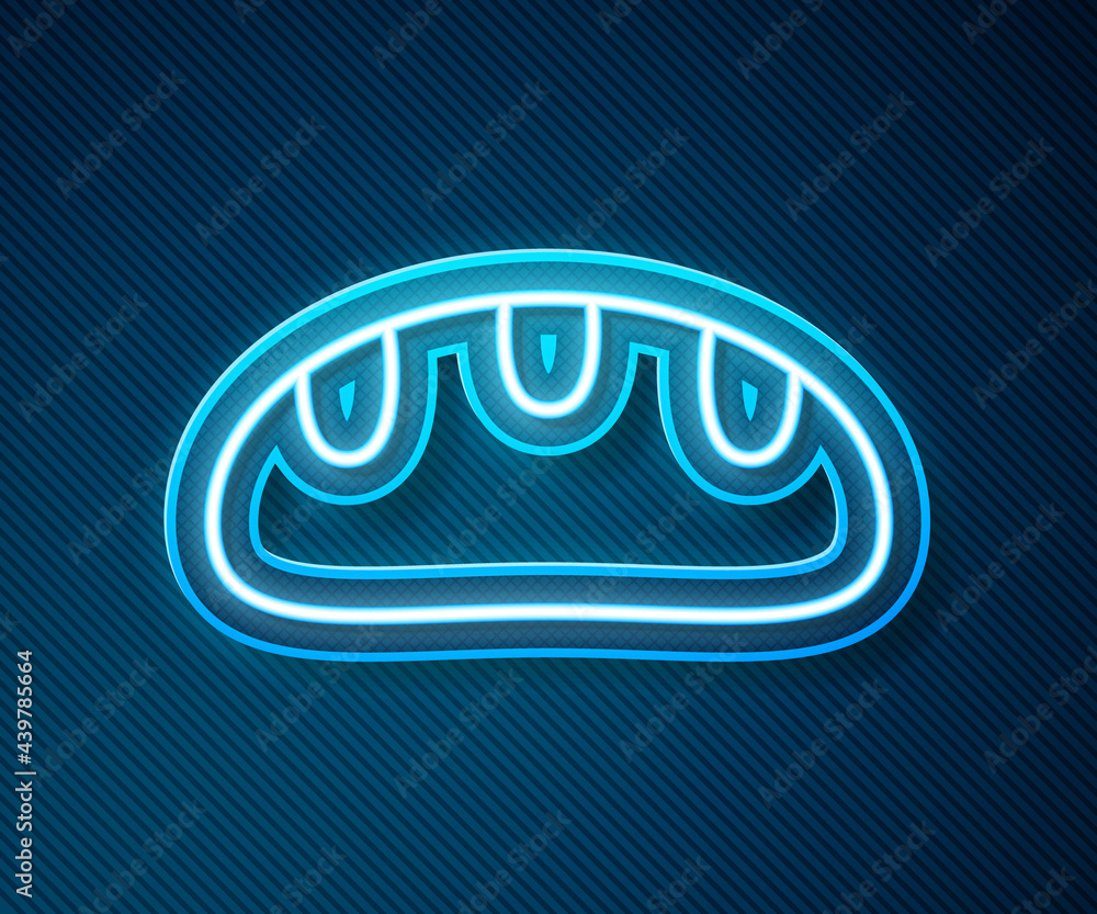 Glowing neon line Bread loaf icon isolated on blue background. Vector