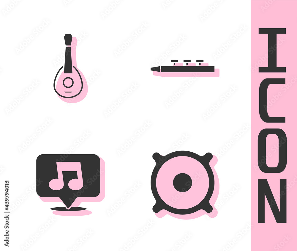 Set Stereo speaker, Guitar, Music note, tone and Drum and drum sticks icon. Vector