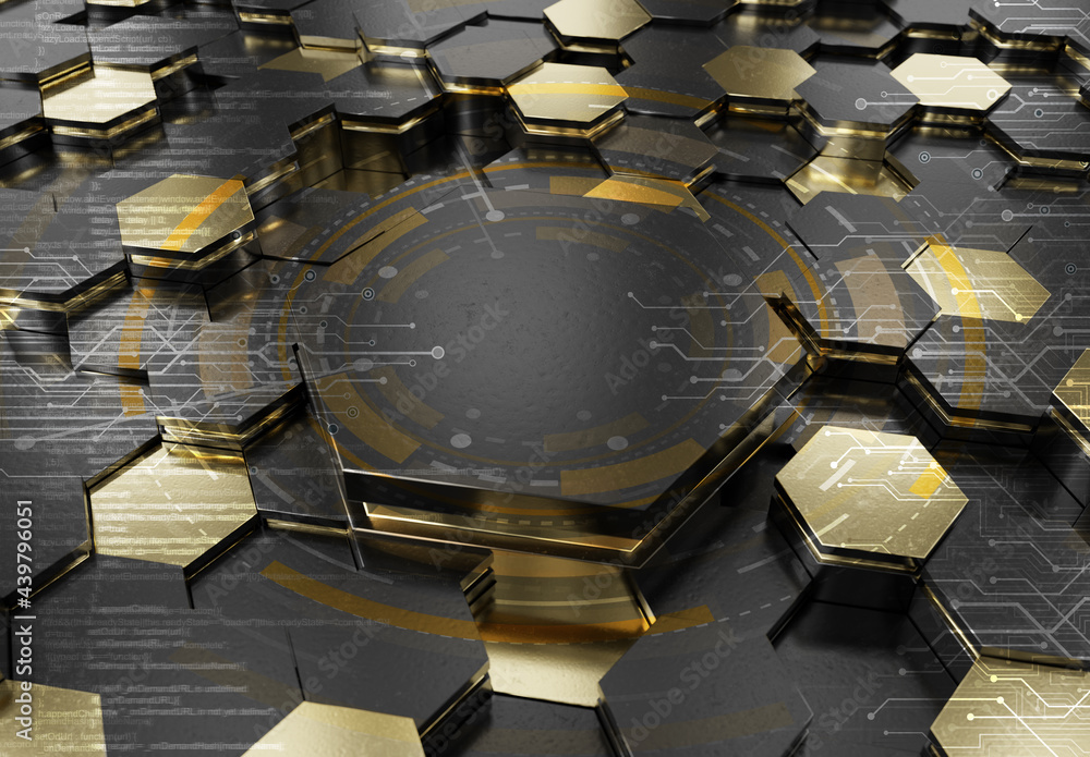 Glowing black and gold hexagons podium background pattern. Hexagonal metal surface with lights. 3D r