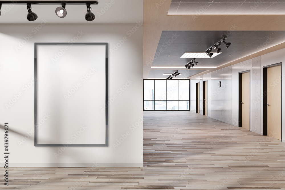 Black vertical frame Mockup hanging on wall. Mock up of a billboard in modern wooden office interior