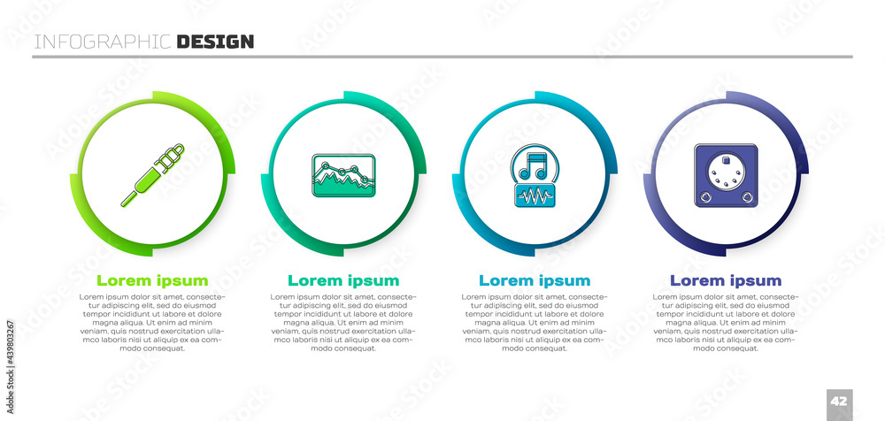 设置音频插孔、音乐均衡器、音符、音调和鼓机。商业信息图模板。Ve