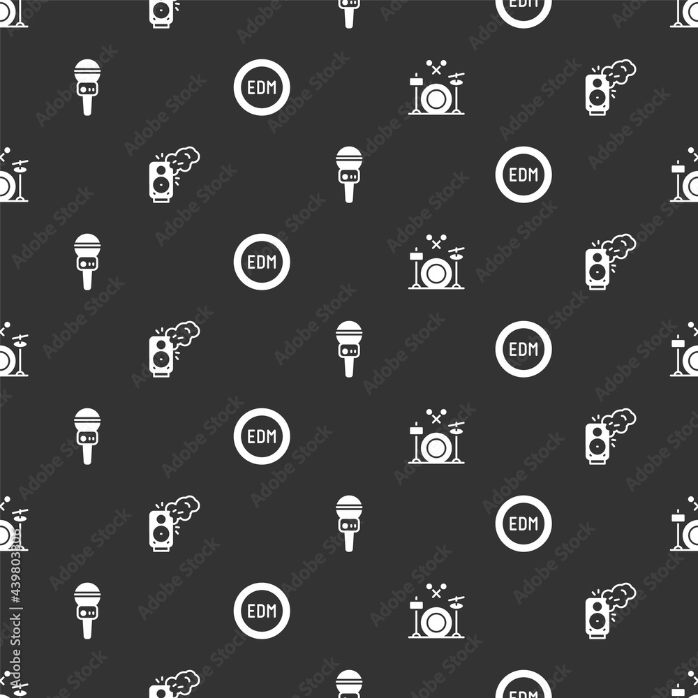 Set Drums, Stereo speaker, Microphone and EDM electronic dance music on seamless pattern. Vector