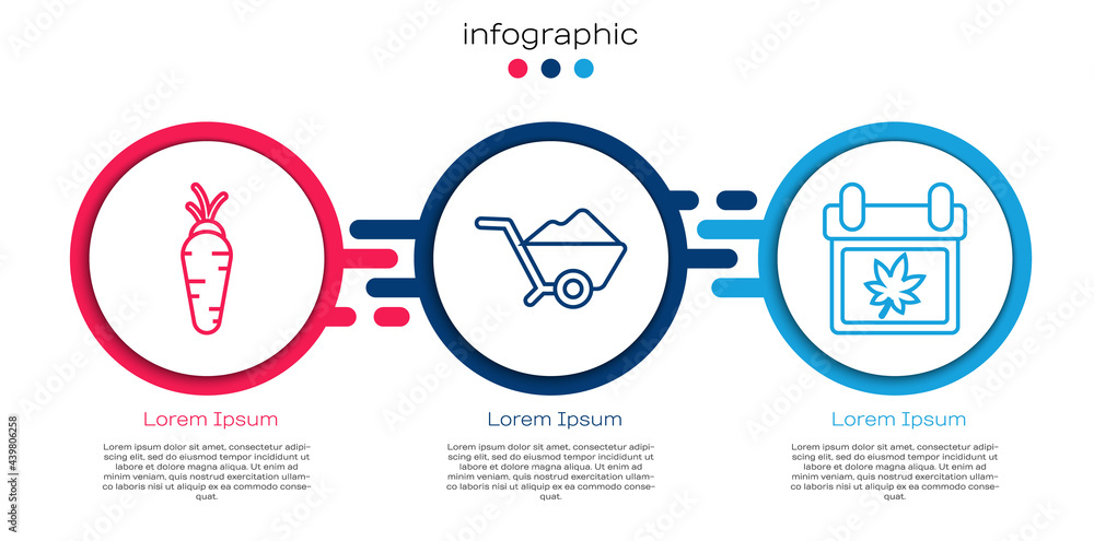 Set line Carrot, Wheelbarrow with dirt and Calendar with autumn leaves. Business infographic templat