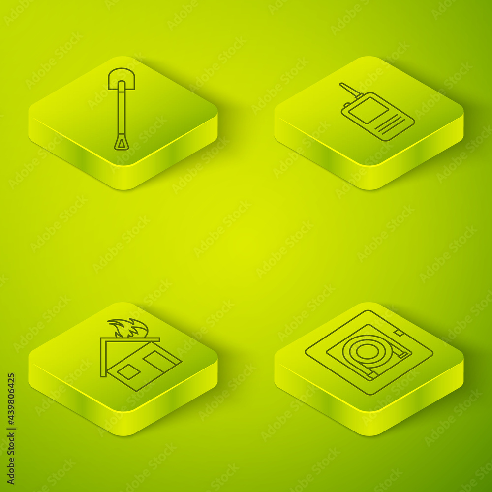 Set Isometric Walkie talkie, Fire in burning house, Fire hose cabinet and Fire shovel icon. Vector