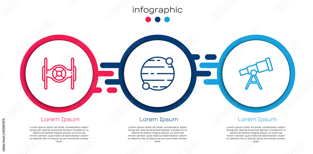 设定宇宙飞船、行星和望远镜。商业信息图模板。矢量