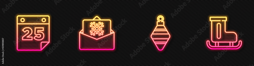 Set line Christmas ball, Calendar, postcard and Figure skates. Glowing neon icon. Vector