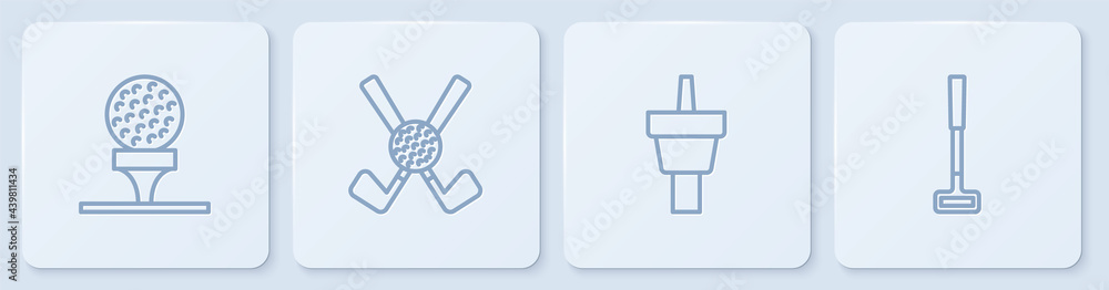 Set line Golf ball on tee, , Crossed golf club with and . White square button. Vector