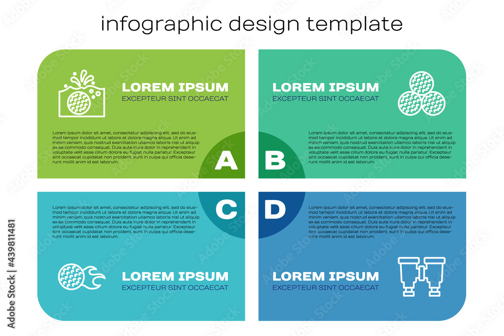 设置线高尔夫球，水中，双筒望远镜和。商业信息图模板。矢量