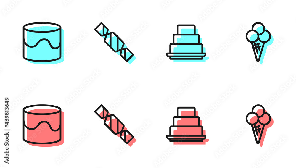 Set line Cake, , Candy and Ice cream in waffle cone icon. Vector