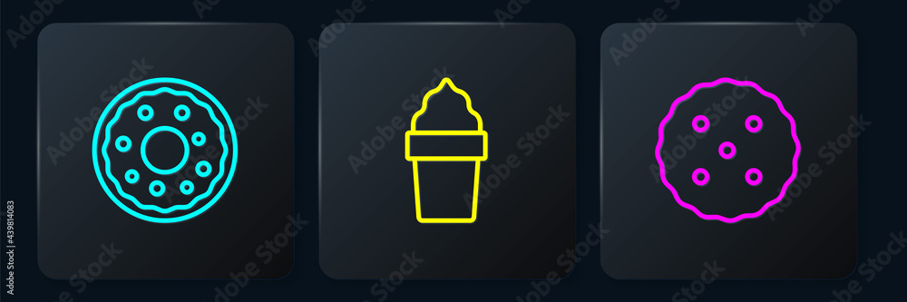 Set line Donut, Cookie or biscuit and Ice cream in waffle cone. Black square button. Vector