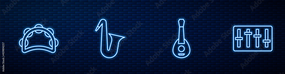 Set line Guitar, Tambourine, Musical instrument saxophone and Sound mixer controller. Glowing neon i