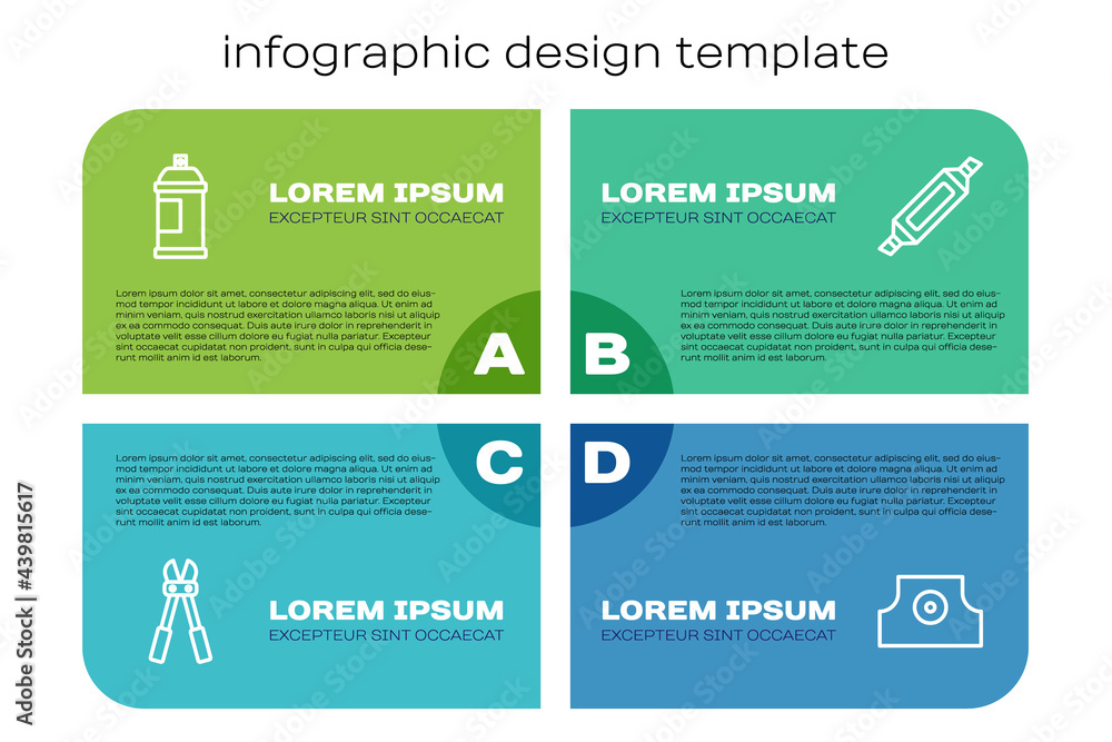 定线螺栓切割器、喷漆罐、喷嘴帽和记号笔。商业信息图模板
