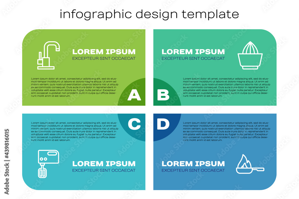 Set line Electric mixer, Water tap, Frying pan and Citrus fruit juicer. Business infographic templat